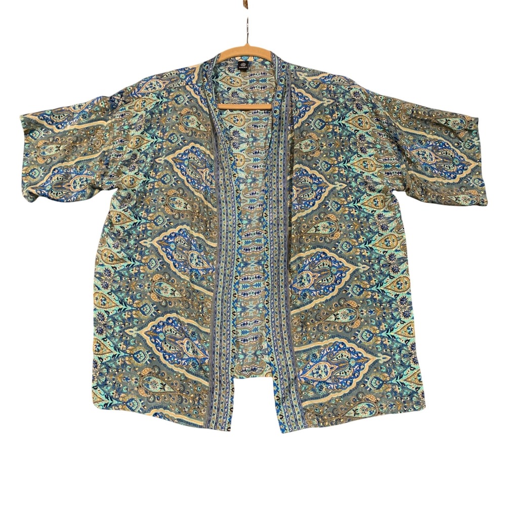 Sanuka Kimono Cardigan Women One Size Blue Paisley Gold Boho Cover Up Silky